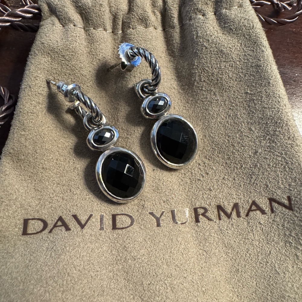 David Yurman Silver and Black Onyx Drop Earrings
